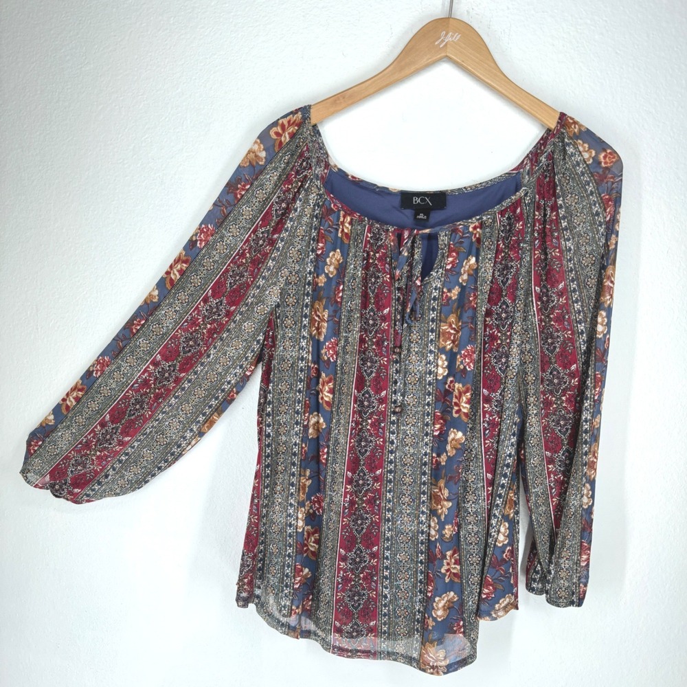 Womens Floral Paisley Stripe Mesh Blouse Boho Top Cottagecore Sheer Country Folk